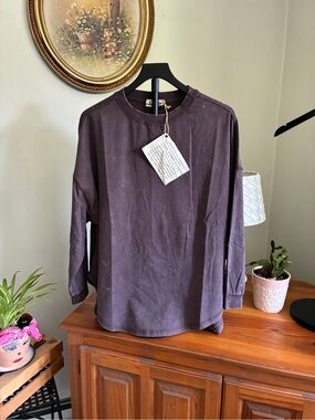 Washed Dark Brown Long-Sleeve Crewneck Tee  Oversized